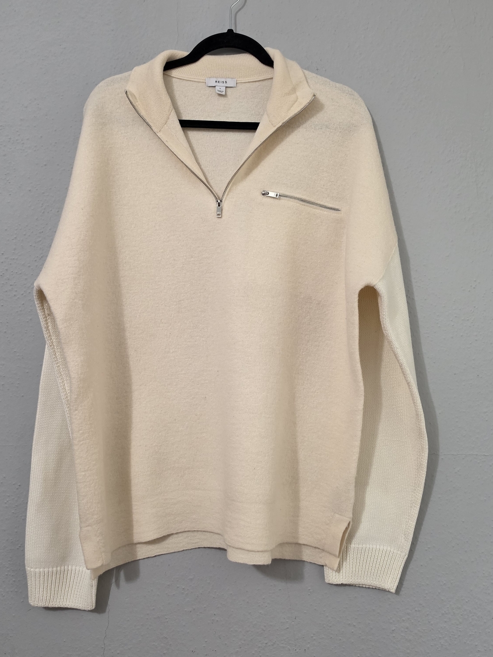 REISS Cream Mixed Materials Wool 1/4 Zip Pullover Size Large